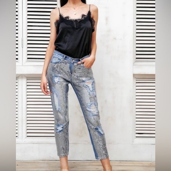Top Trends Silver Sequin Skinny Jeans - Picture 2 of 9